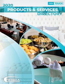 InnTouch 2020 Spring Products & Services Directory cover image. Plush bedding background with images of products & services for the hospitality industry including lobby furniture, food buffet, bath tub, towels, and soap.