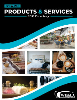 InnTouch 2021 Spring Products & Services Directory cover image. Black and turquoise banner background with collage of products & services for the hospitality industry including bedding, coffee, soaps, laundry, food buffet, furniture.