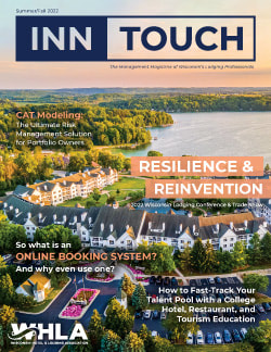 InnTouch Summer/Fall 2022. Aerial view of the Osthoff Resort with Elkhart Lake in the background. Article headlines listed.
