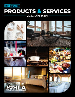 InnTouch 2023 Spring Products & Services Directory cover image. Collage of products & services for the hospitality industry including bedding, coffee, soaps, laundry, food buffet, furniture.