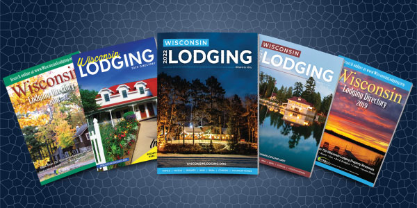 Collage of 2022, 2021, 2020, 2019, and 2018 covers of the Wisconsin Lodging Directory