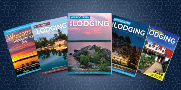 Collage of 2023, 2022, 2021, 2020, and 2019 covers of the Wisconsin Lodging Directory