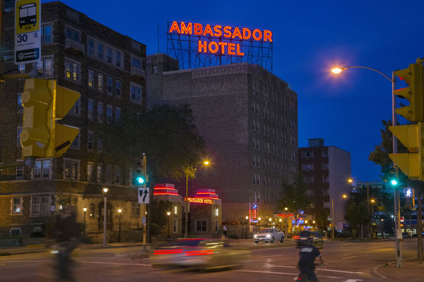 Ambassador Hotel Milwaukee - exterior building photo with neon sign