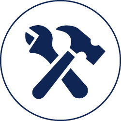 Property construction, maintenance, and repair icon. Hammer placed in crossed position with wrench.