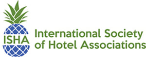 International Society of Hotel Associations logo. Left form blue & green pineapple shape with ISHA initials cutting through the middle of the pineapple. Spelled out name to the right of the pineapple.