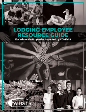 WHLA Lodging Employee Resource Guide cover image. Black & white collage of hospitality-focused images with turquoise and white title text.
