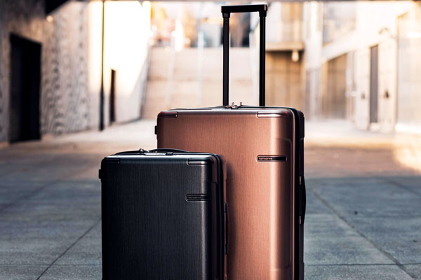 Photo of two suitcases standing in the middle of a concrete path during daylight.