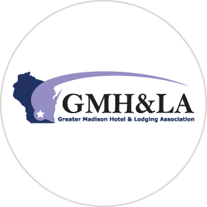 Greater Madison Hotel & Lodging Association logo. Navy and purple colors. State of Wisconsin and additional arch swooping over the GMH&LA initials.