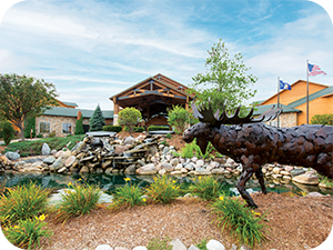 Northeast Wisconsin. Tundra Lodge Resort & Waterpark, Green Bay, WI. Exterior photo of the property including the pond and the moose statue.