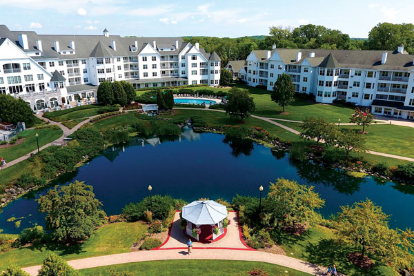 The Osthoff Resort (Elkhart Lake, WI) - aerial view of the resort taken from out over the lake facing the courtyard