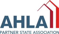 AHLA Partner State Association logo. Mainly typographic based with two red hotel tower forms rising up from the right of the initials and coming back down overtop the letters.