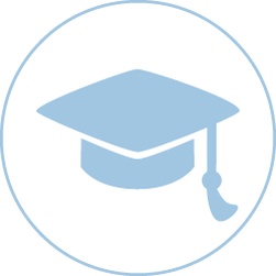 Student grad cap icon. Light blue color with a circle outline.