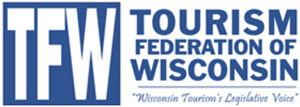 Tourism Federation of Wisconsin logo. Lefthand blue background with white TFW initials inside. Spelled out name on right side with slogan 
