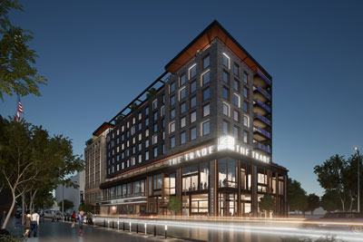 The Trade Hotel Milwaukee exterior rendering at night