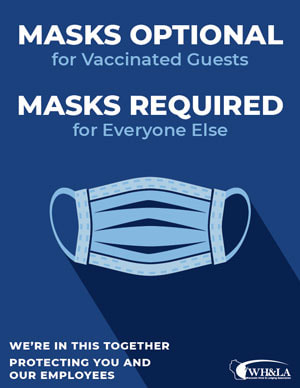 Blue masks required sign. Illustration of a light blue mask in the middle with lower right corner text stating 