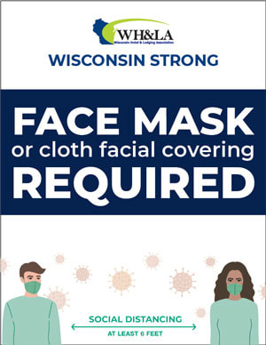 Face mask or cloth facial covering required signage. Illustration of two people social distancing at least 6 feet apart.